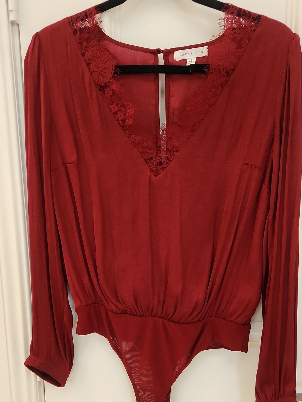 Socialite Deep Red Lace-Trim V-Neck Long-Sleeve Bodysuit